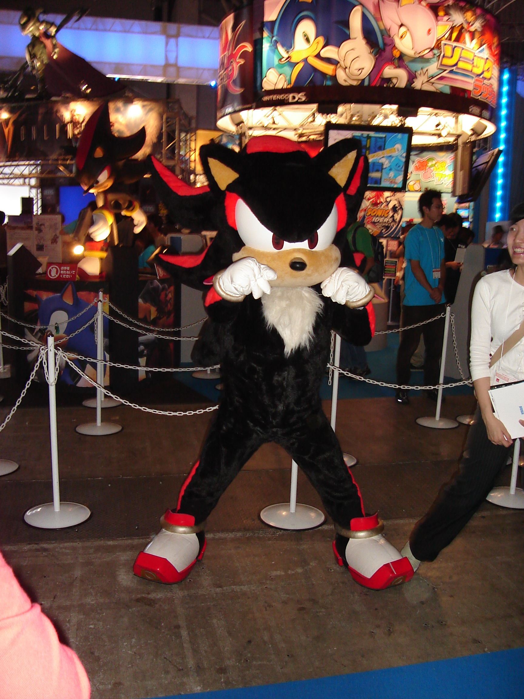 a person dressed as shadow the hedgehog strikes a pose
