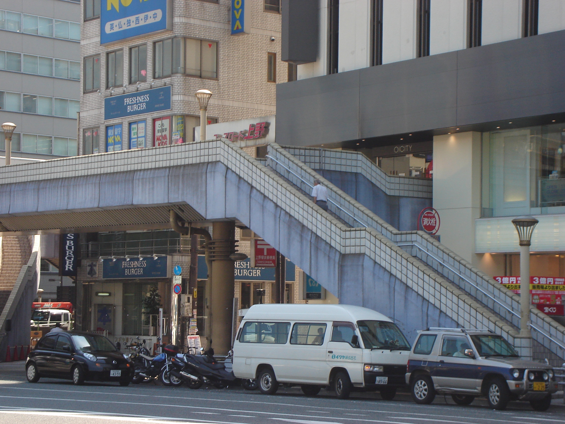 a pedestrian walkway leads above the streets