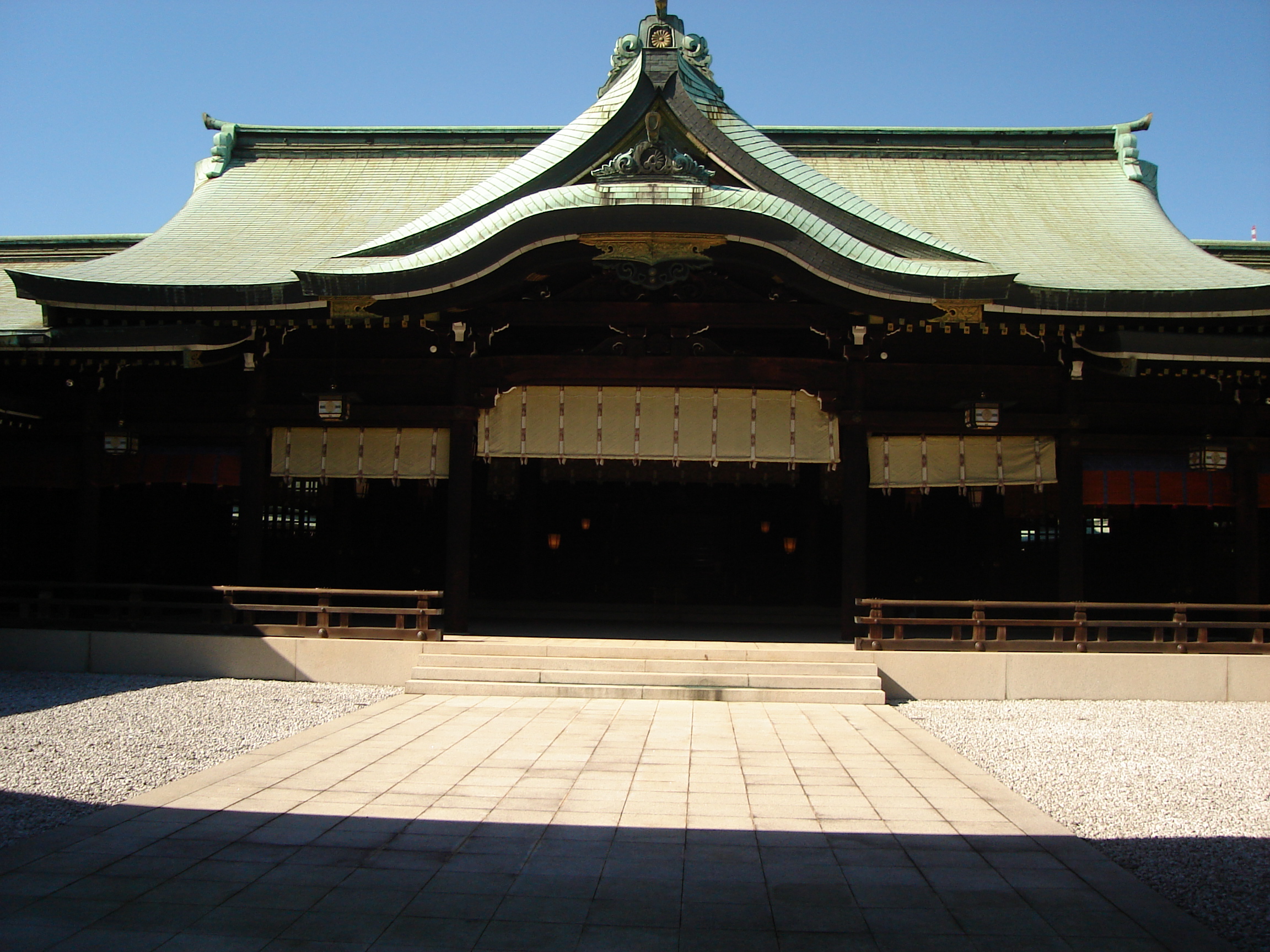 the main shrine building with the blinds open
