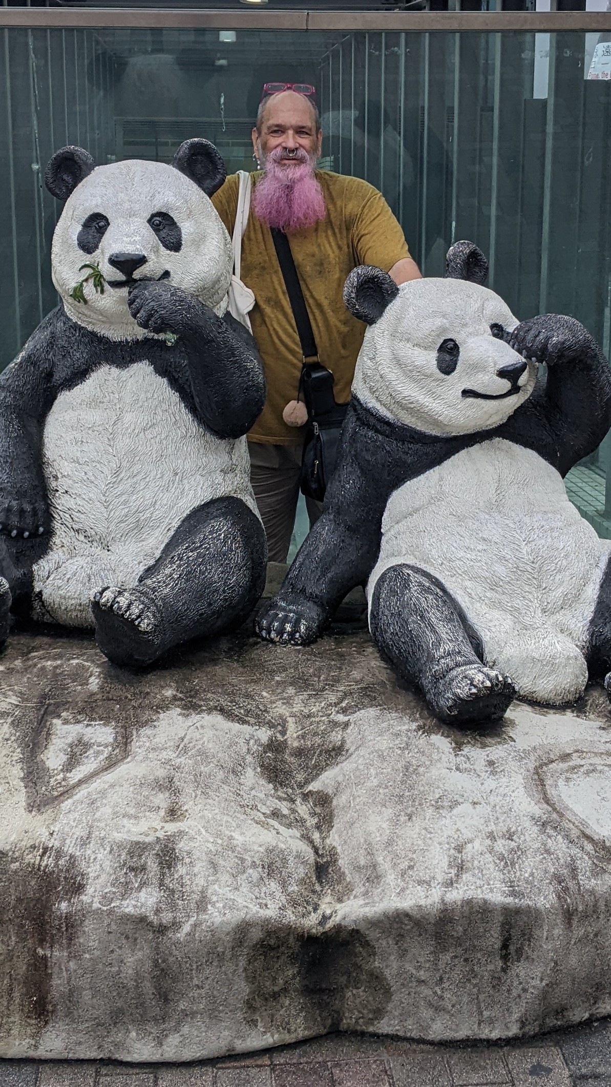 Les behind a statue of two pandas