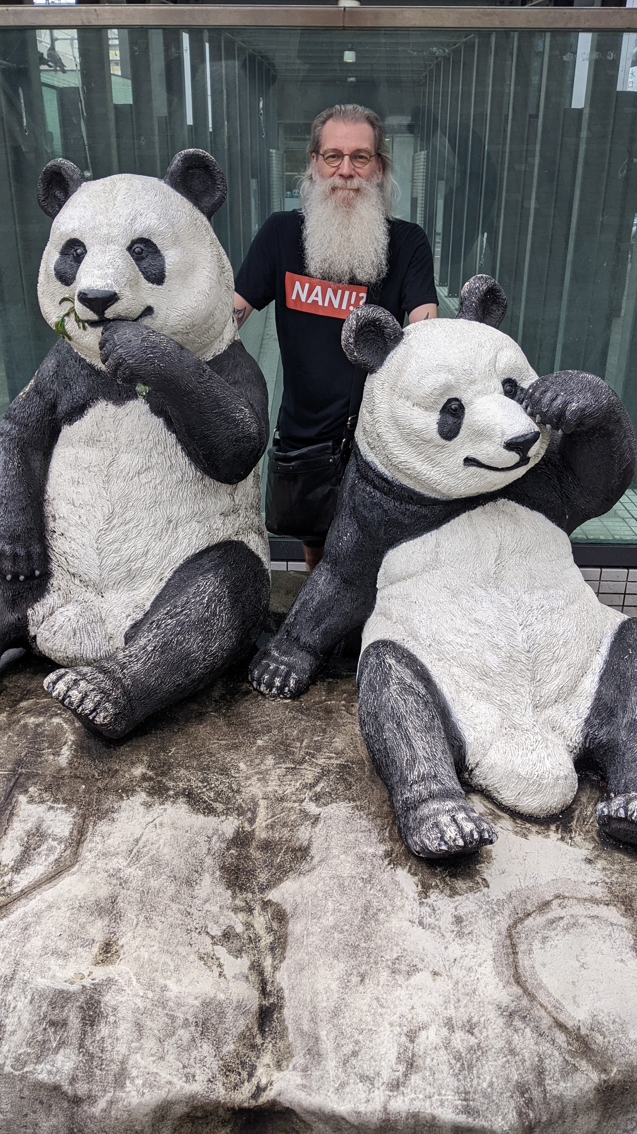 Earl behind a statue of two pandas