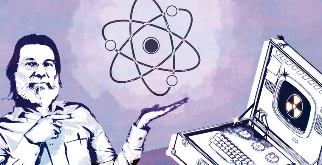 an illustration of a bearded man in a lab coat, an atom, and a laptop computer showing a nuclear symbol on its screen